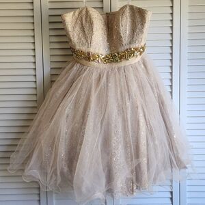 Tony Bowls elegant poofy strapless Dress with Gold Accents